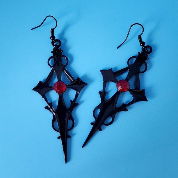 Gothic Vintage Cross Earrings - Black Metal with Red Crystal - Picture 1 of 4